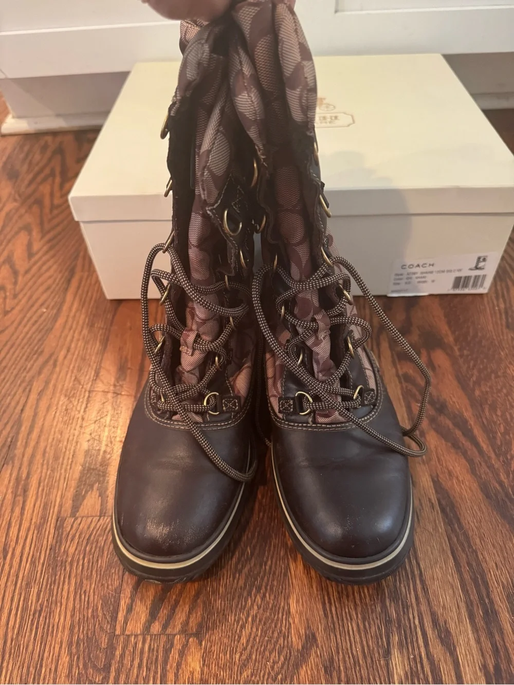 COACH Women's Brown Signature Logo Lace-Up Winter Boot 9.5